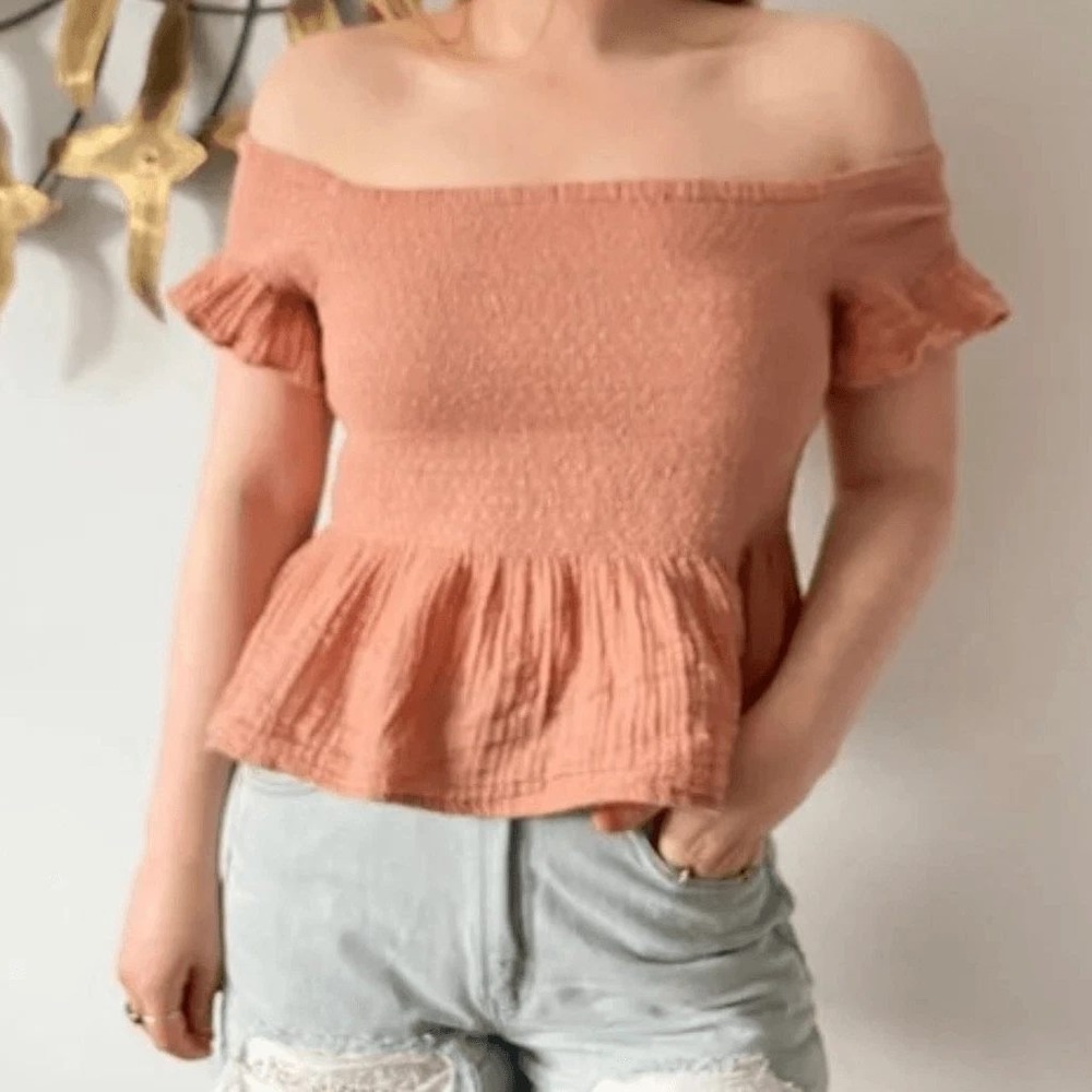 Off Shoulder Smocked Peplum Coquette Ruffle Sleeve Top Cottagecore Cotton XS
